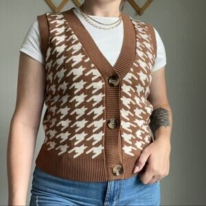 Haute Monde Brown and Cream Houndstooth Vest Size Large